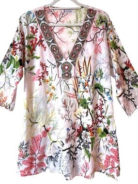 MIRA Beaded V-Neck Cotton Tunic Lightweight Swim Cover Up Beach Coastal O/S